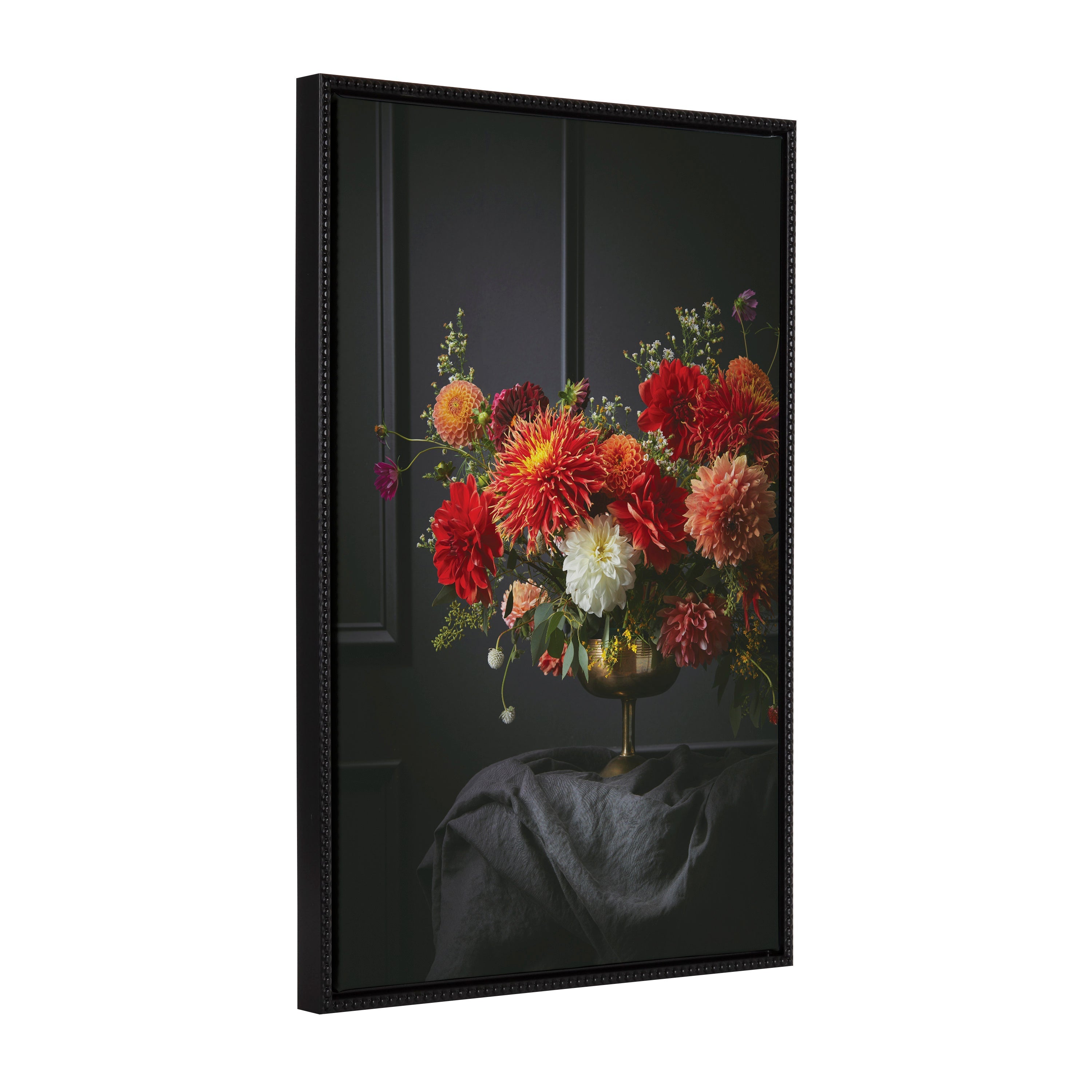 Sylvie Beaded Floral Study Black Offset Framed Canvas showing detailed botanical textures in black-and-white with vintage beaded frame