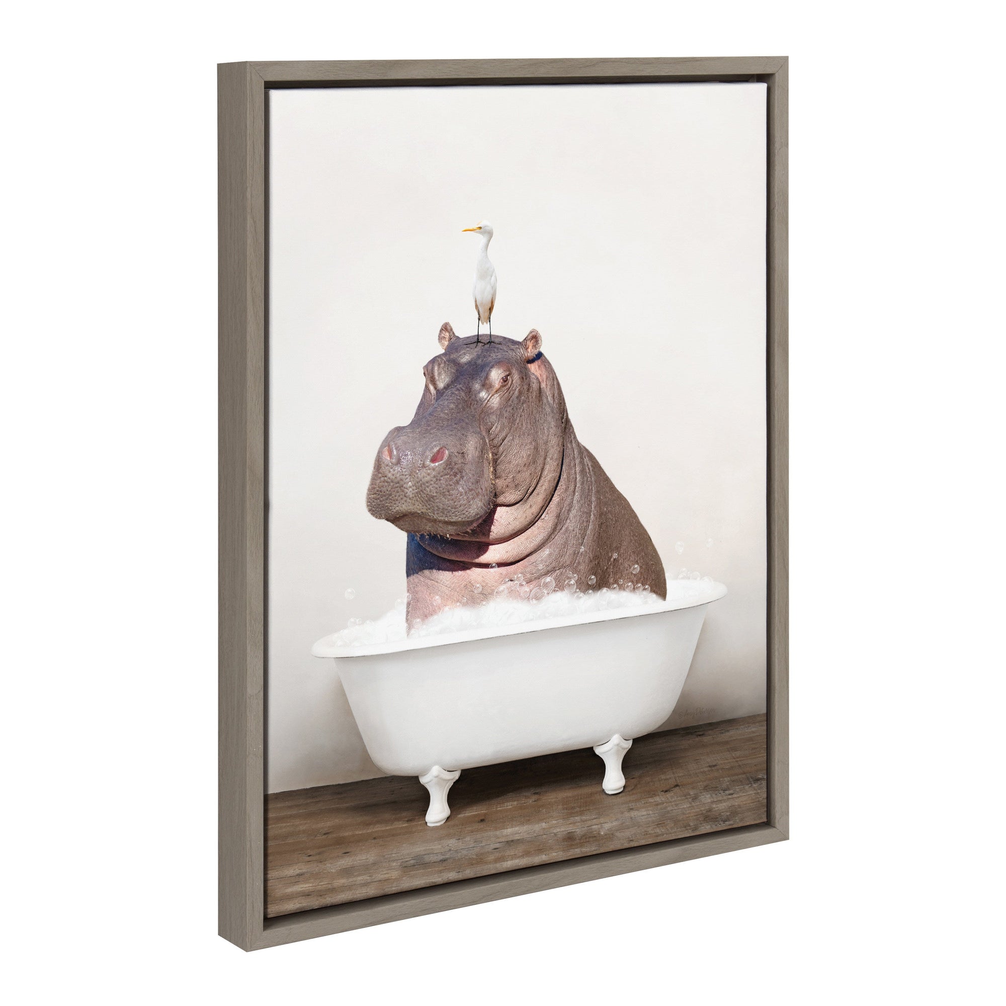 Sylvie Hippo and Bird in Rustic Bath Framed Canvas by kateandlaurel - main product image for Resin Society