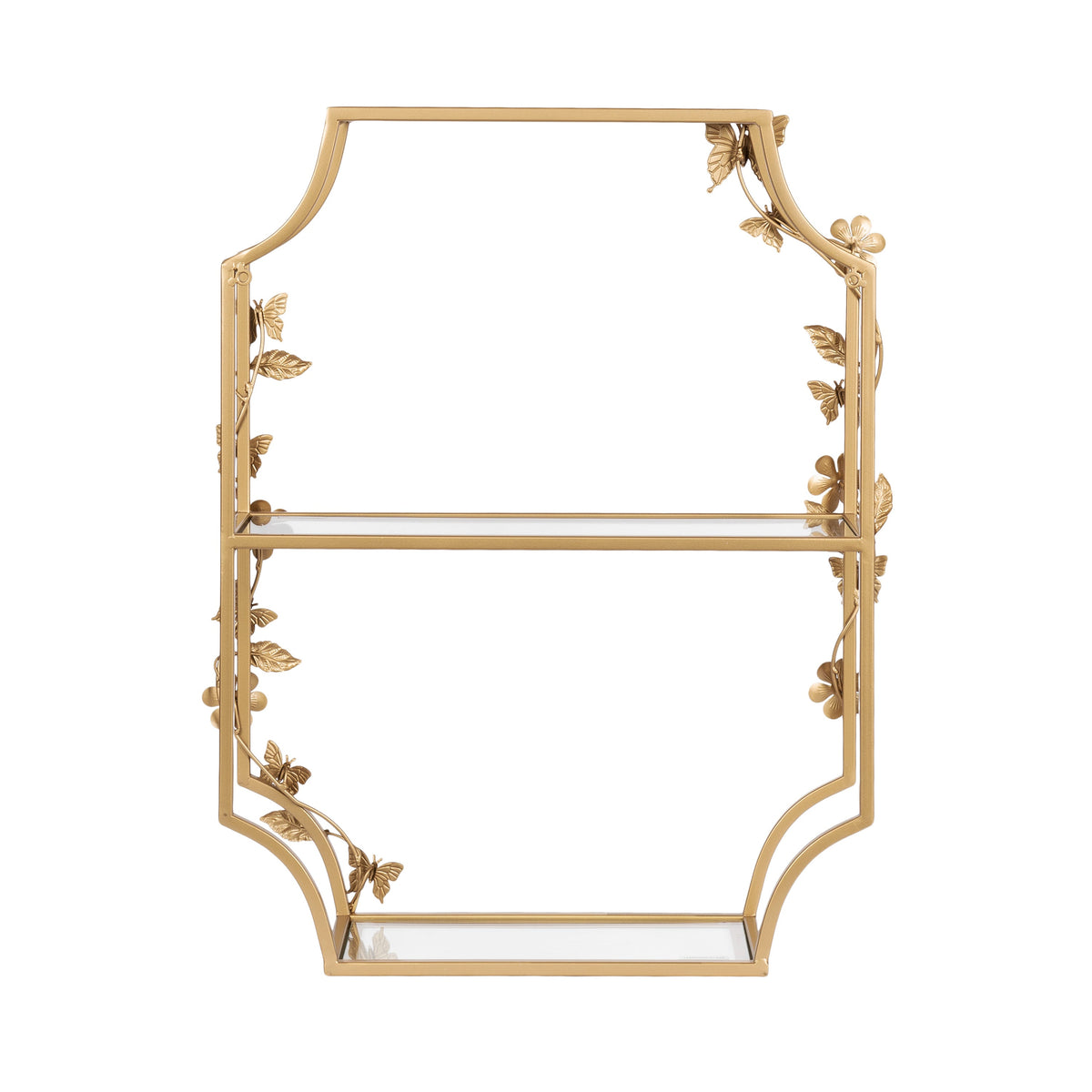 Gold-tone metal tiered shelf with ornate floral and butterfly accents, featuring two glass shelves within a decorative geometric frame.
