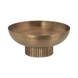 Round bronze-colored metal bowl with a wide smooth upper section resting on a narrow, vertically ribbed cylindrical base.