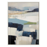 Abstract landscape on canvas with layered blue, white, beige, and green brushstrokes, suggesting horizon and sky, framed in simple white wood.