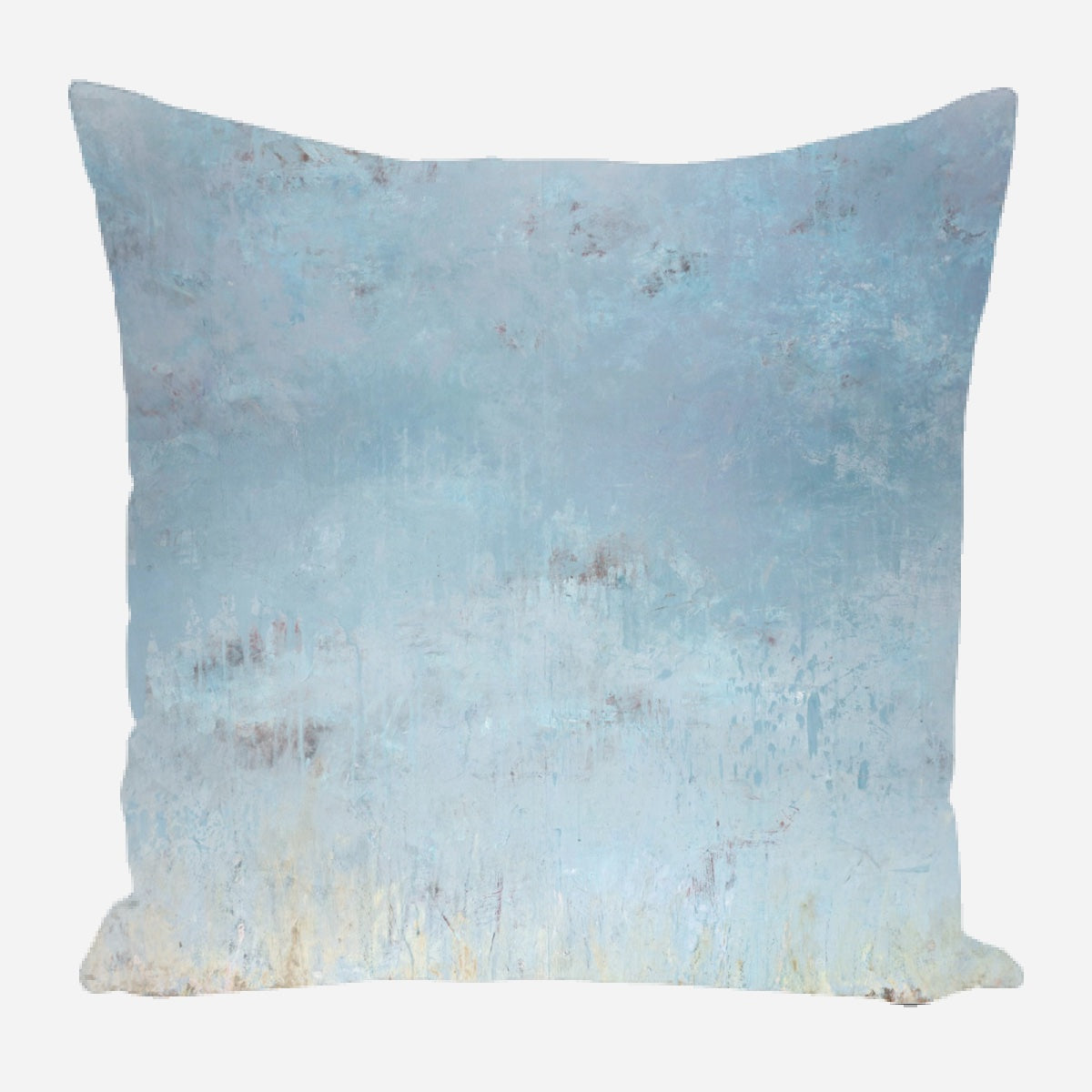 Square pillow with a soft gradient of blue and off-white, featuring subtle textured and distressed patterns resembling weathered paint.