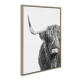 Black and white side portrait of a Highland cow with long shaggy hair covering its eyes and a prominent curved horn, presented on a white background in a simple frame.