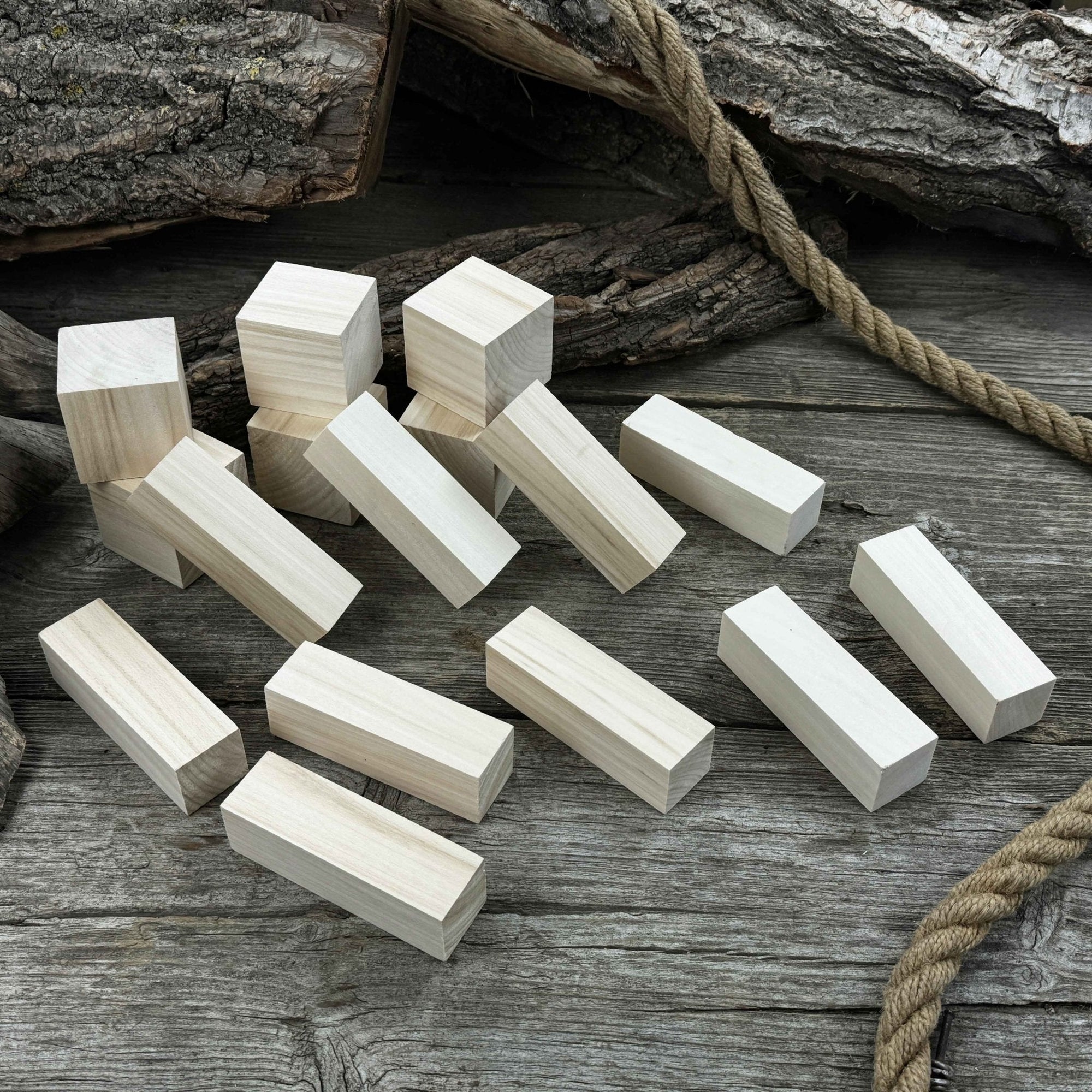 Set of 16 finely sanded linden wood carving blanks in cube and block shapes
