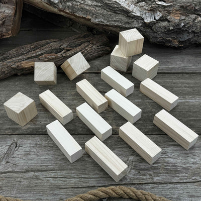 Set of 16 finely sanded linden wood carving blanks in cube and block shapes