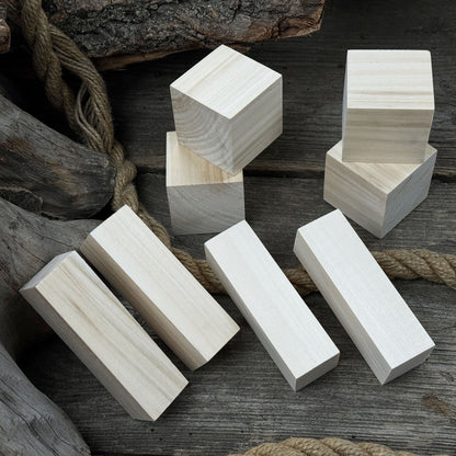 Set of 16 finely sanded linden wood carving blanks in cube and block shapes