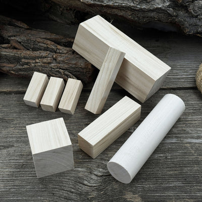 Set of 18 assorted linden wood carving blanks in various sizes by Sharky Forged Steel Tools
