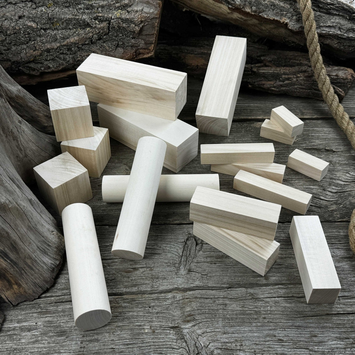 Set of 18 assorted linden wood carving blanks in various sizes by Sharky Forged Steel Tools