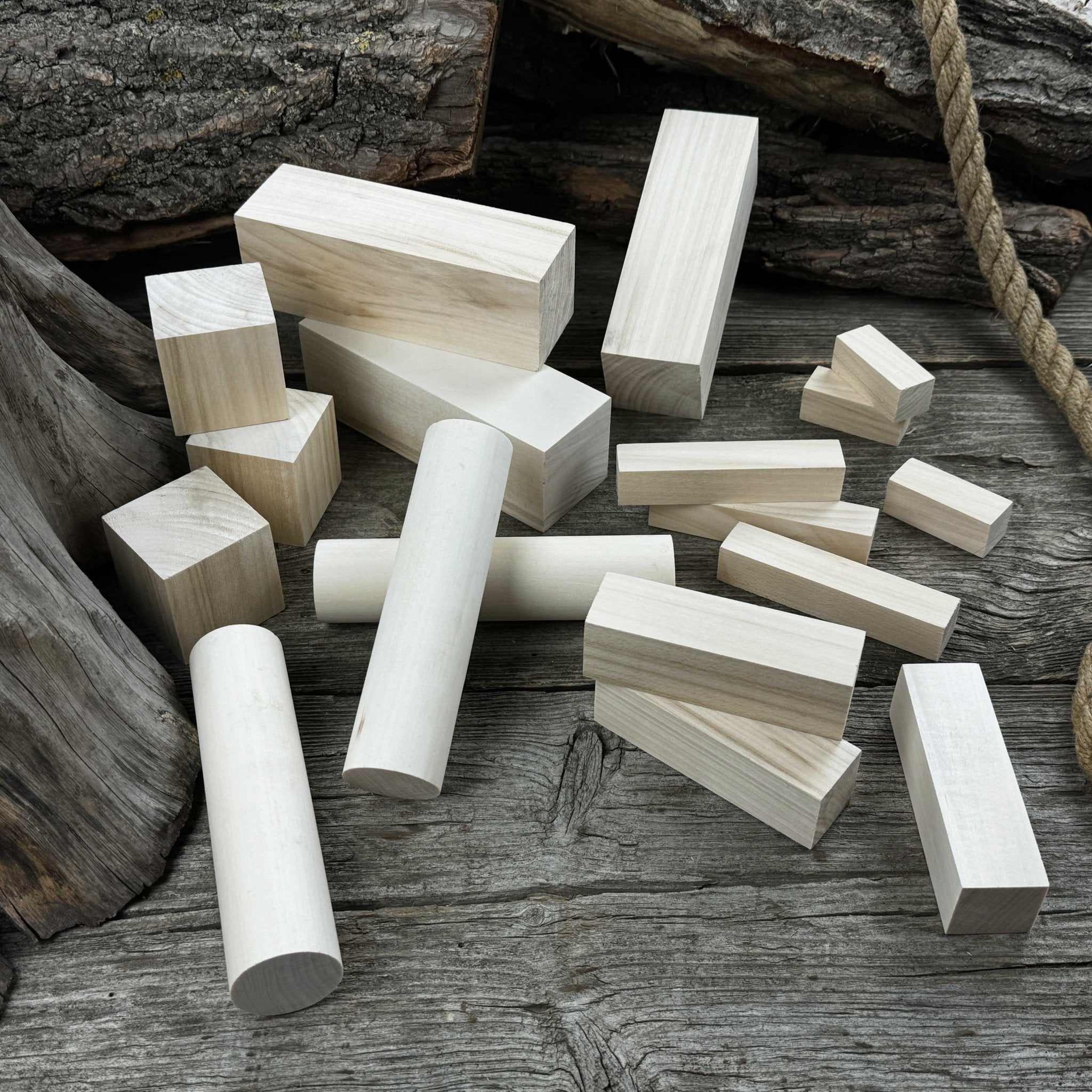 Set of 18 assorted linden wood carving blanks in various sizes by Sharky Forged Steel Tools