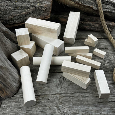 Set of 18 assorted linden wood carving blanks in various sizes by Sharky Forged Steel Tools
