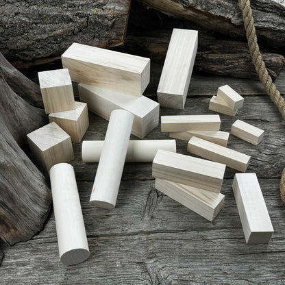 Set of 18 assorted linden wood carving blanks in various sizes by Sharky Forged Steel Tools