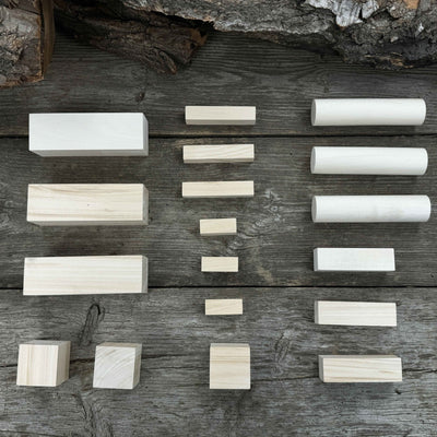 Set of 18 assorted linden wood carving blanks in various sizes by Sharky Forged Steel Tools