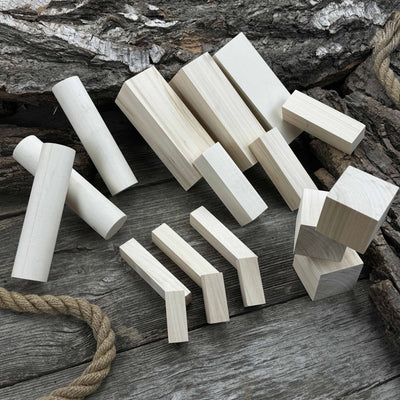 Set of 18 assorted linden wood carving blanks in various sizes by Sharky Forged Steel Tools