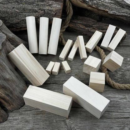 Set of 18 assorted linden wood carving blanks in various sizes by Sharky Forged Steel Tools