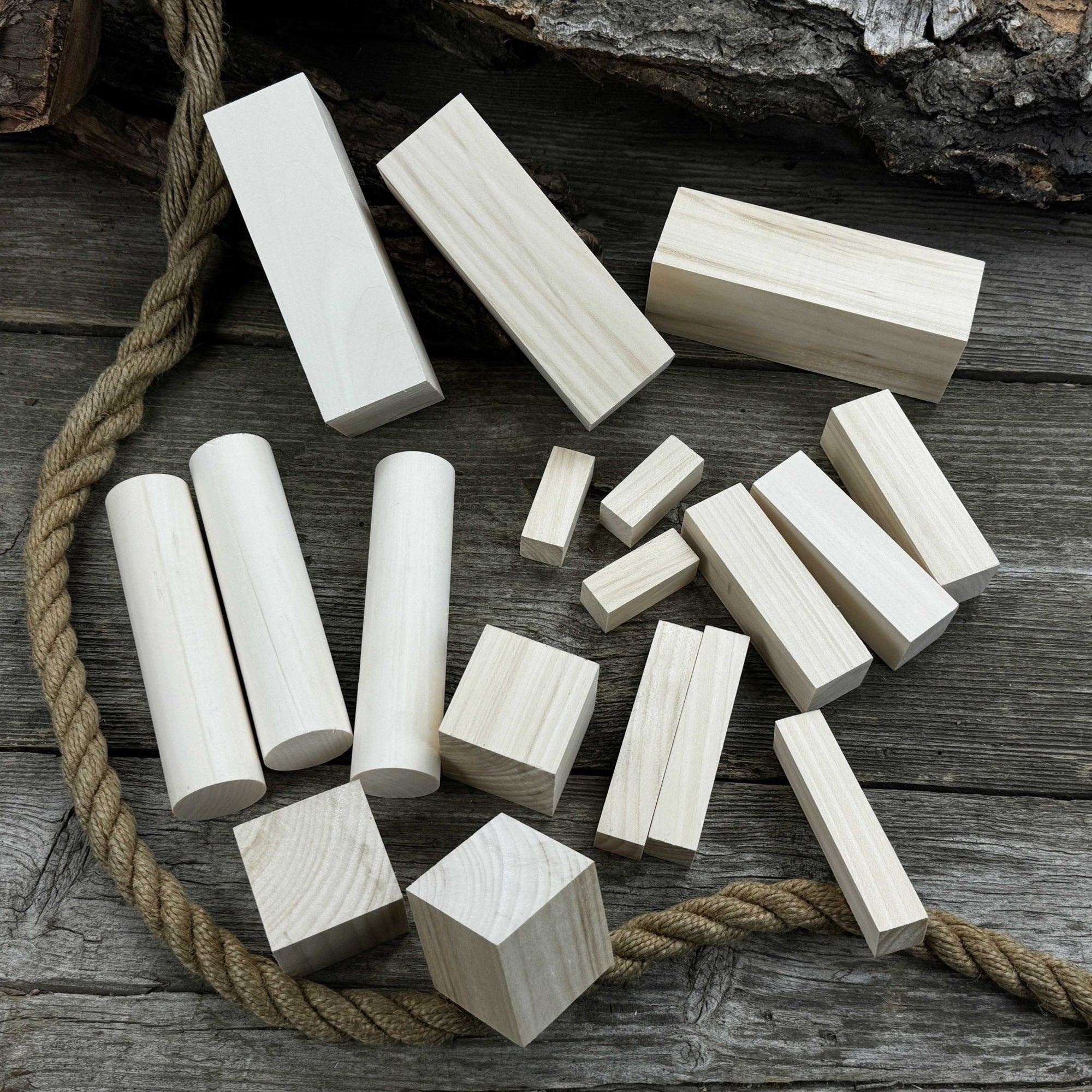 Set of 18 assorted linden wood carving blanks in various sizes by Sharky Forged Steel Tools