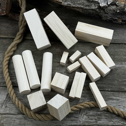 Set of 18 assorted linden wood carving blanks in various sizes by Sharky Forged Steel Tools