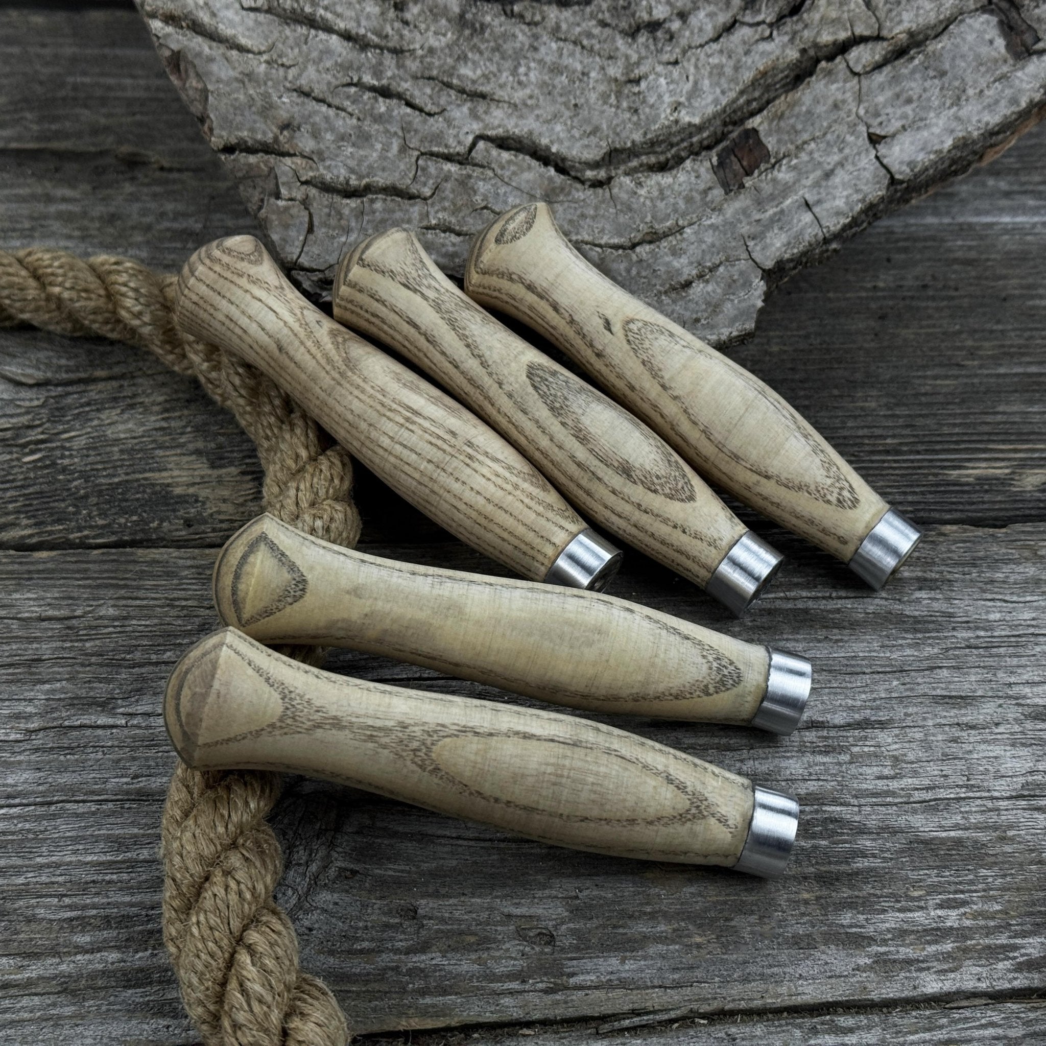 Set of 5 handcrafted ash wood handles for carving knives and hand tool repair