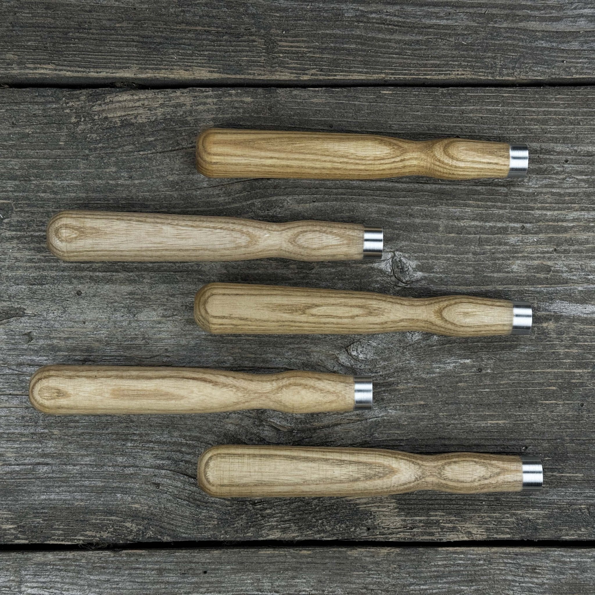 Set of 5 ash wood chisel and gouge handles with aluminum rings by Sharky Forged Steel Tools