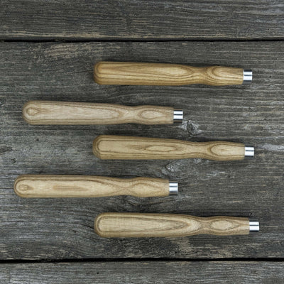Set of 5 ash wood chisel and gouge handles with aluminum rings by Sharky Forged Steel Tools