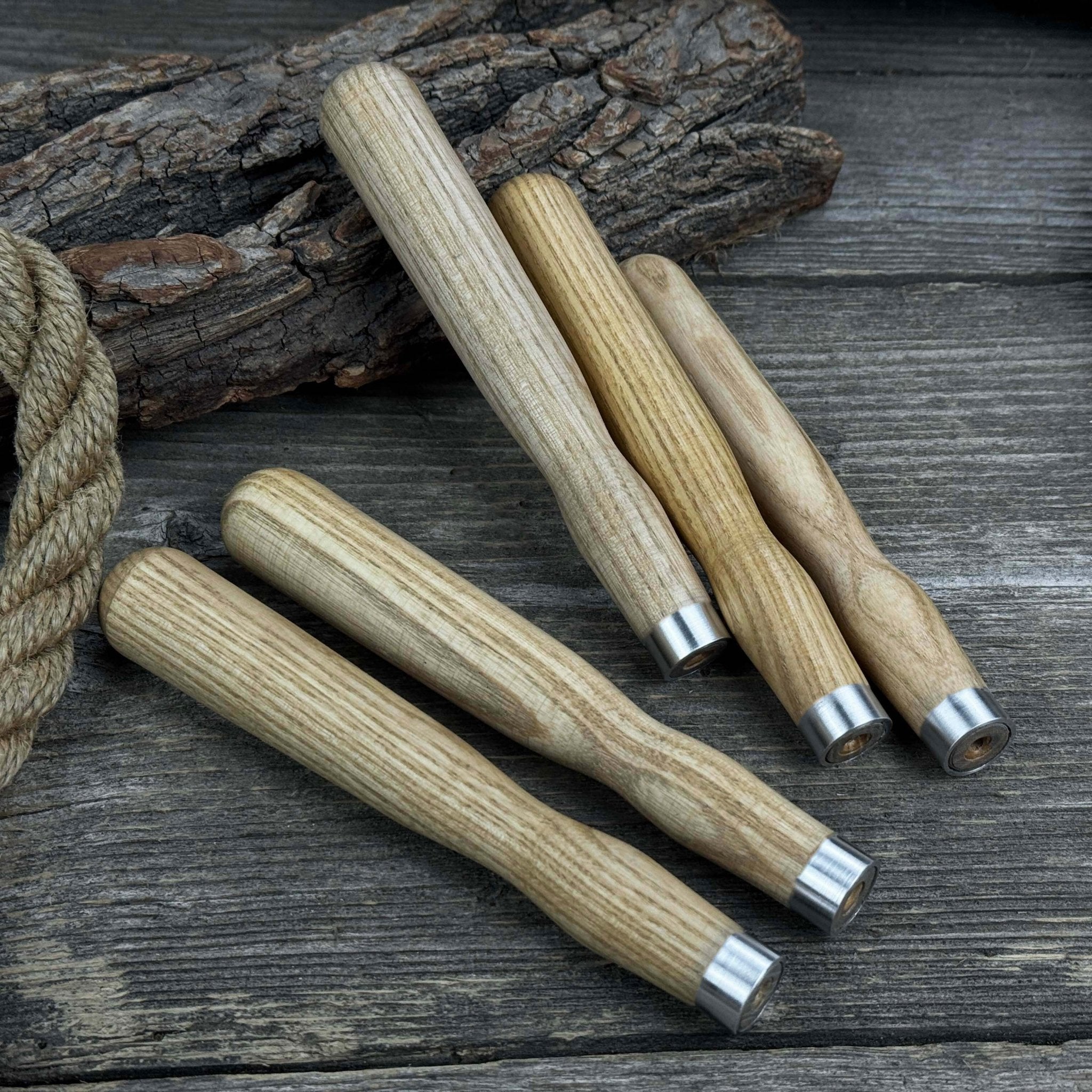 Set of 5 ash wood chisel and gouge handles with aluminum rings by Sharky Forged Steel Tools