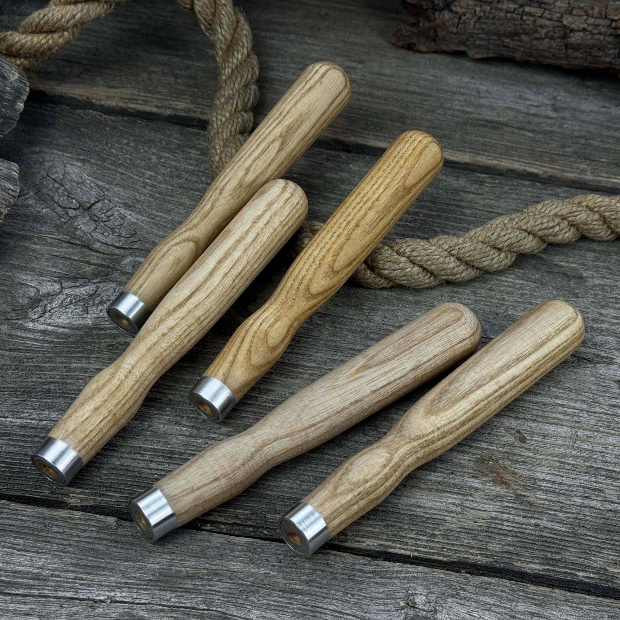 Set of 5 ash wood chisel and gouge handles with aluminum rings by Sharky Forged Steel Tools