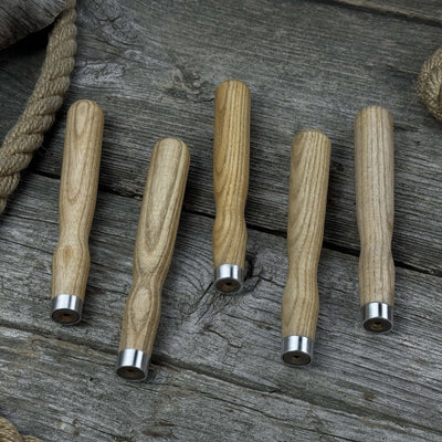 Set of 5 ash wood chisel and gouge handles with aluminum rings by Sharky Forged Steel Tools