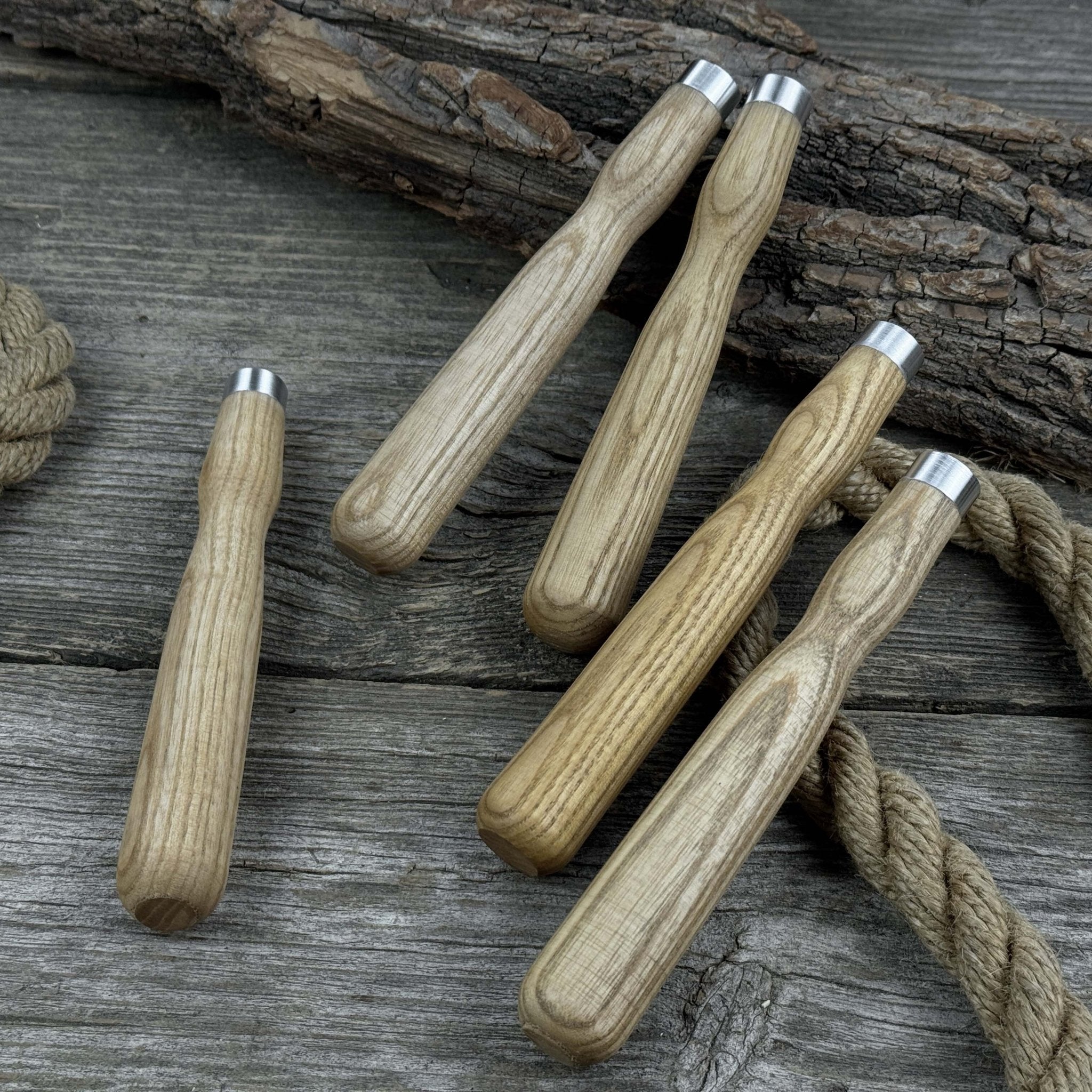 Set of 5 ash wood chisel and gouge handles with aluminum rings by Sharky Forged Steel Tools