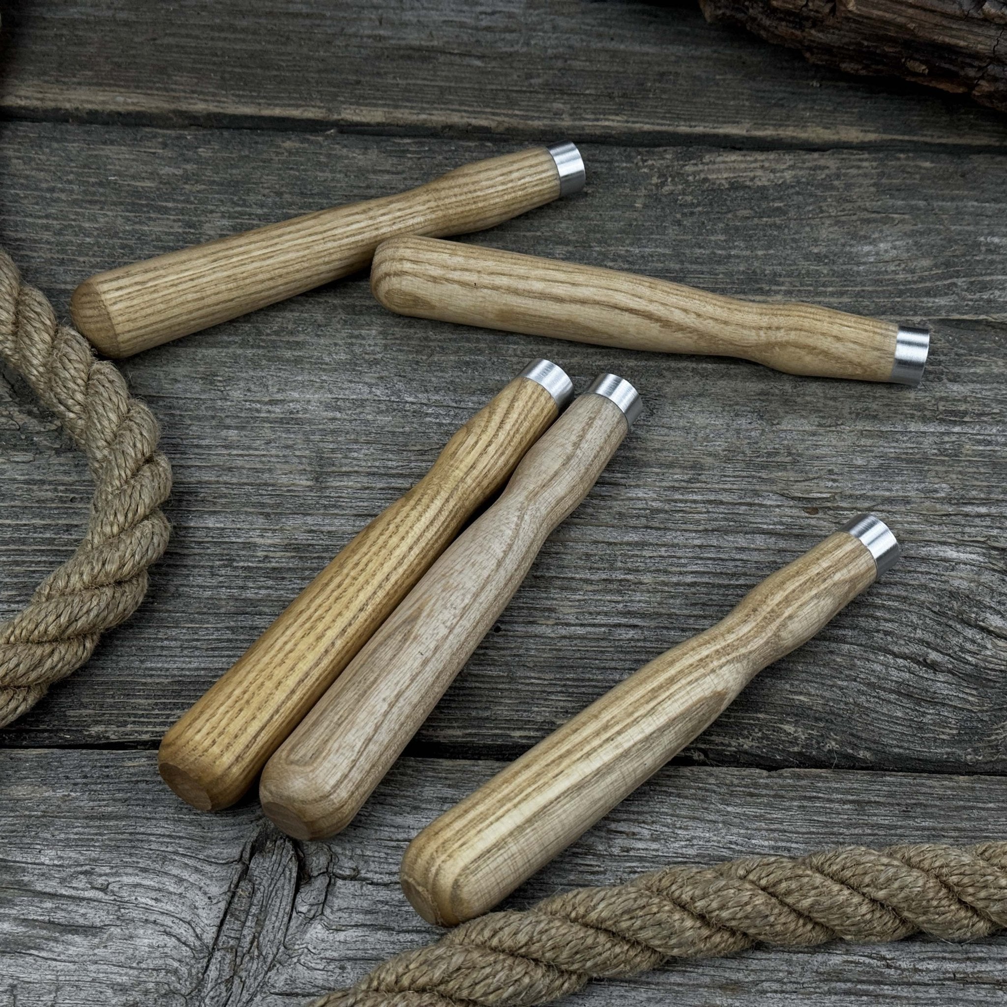 Set of 5 ash wood chisel and gouge handles with aluminum rings by Sharky Forged Steel Tools