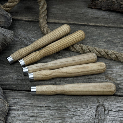Set of 5 ash wood chisel and gouge handles with aluminum rings by Sharky Forged Steel Tools