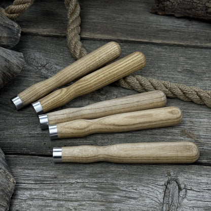 Set of 5 ash wood chisel and gouge handles with aluminum rings by Sharky Forged Steel Tools