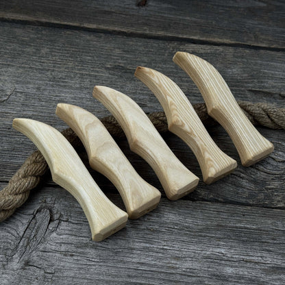 Set of 5 ergonomic ash wood knife handles by Sharky Forged Steel Tools