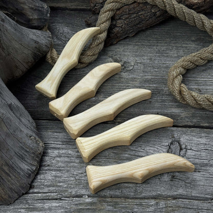 Set of 5 ergonomic ash wood knife handles by Sharky Forged Steel Tools