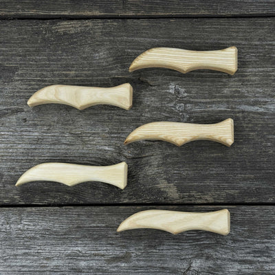 Set of 5 ergonomic ash wood knife handles by Sharky Forged Steel Tools