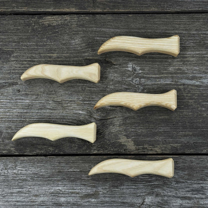 Set of 5 ergonomic ash wood knife handles by Sharky Forged Steel Tools