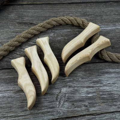 Set of 5 ergonomic ash wood knife handles by Sharky Forged Steel Tools