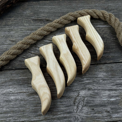 Set of 5 ergonomic ash wood knife handles by Sharky Forged Steel Tools