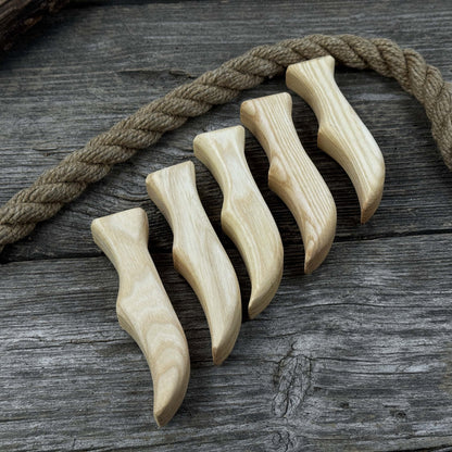 Set of 5 ergonomic ash wood knife handles by Sharky Forged Steel Tools