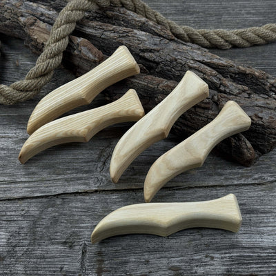 Set of 5 ergonomic ash wood knife handles by Sharky Forged Steel Tools