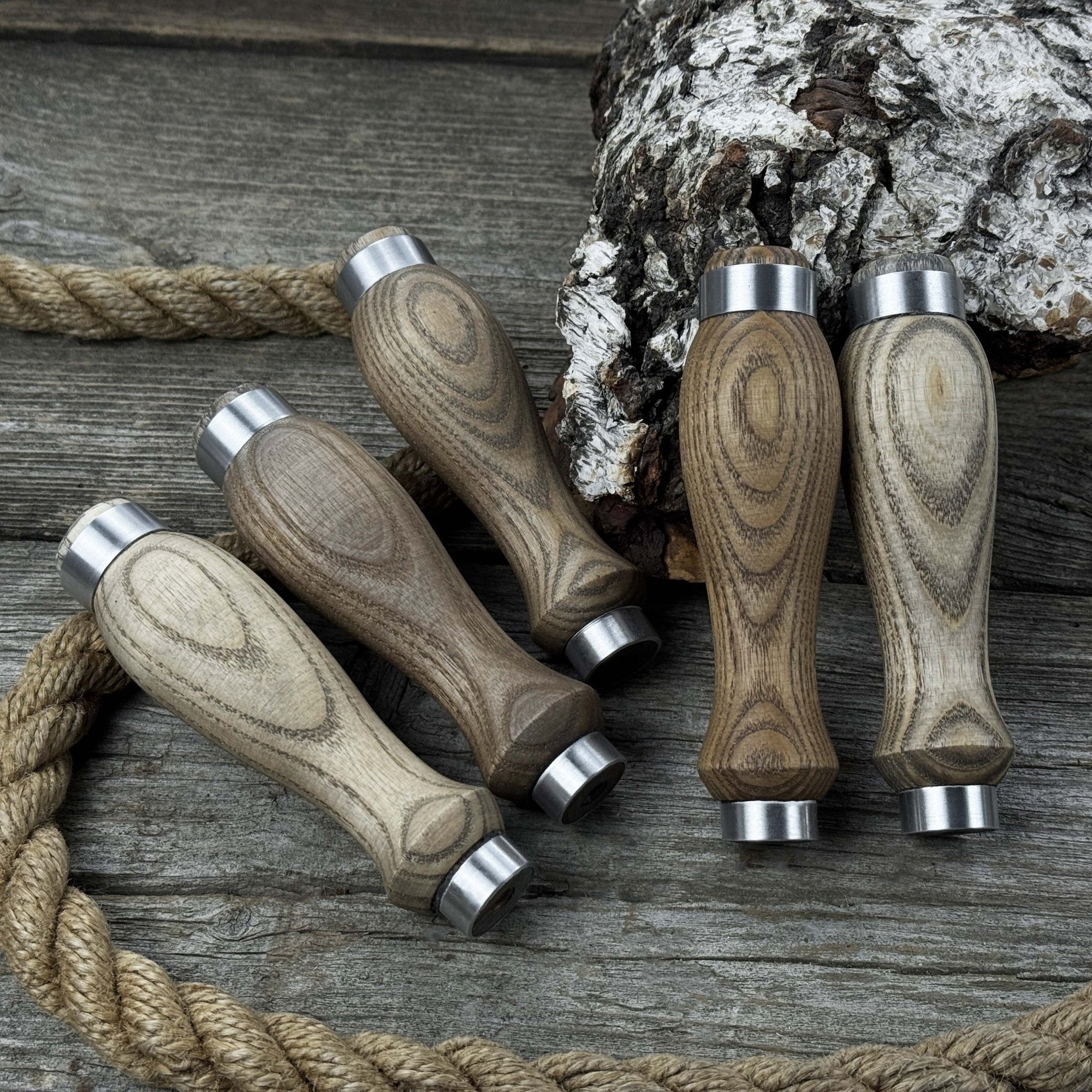 Set of 5 ash wood replacement handles with aluminum ring reinforcement for carving tools