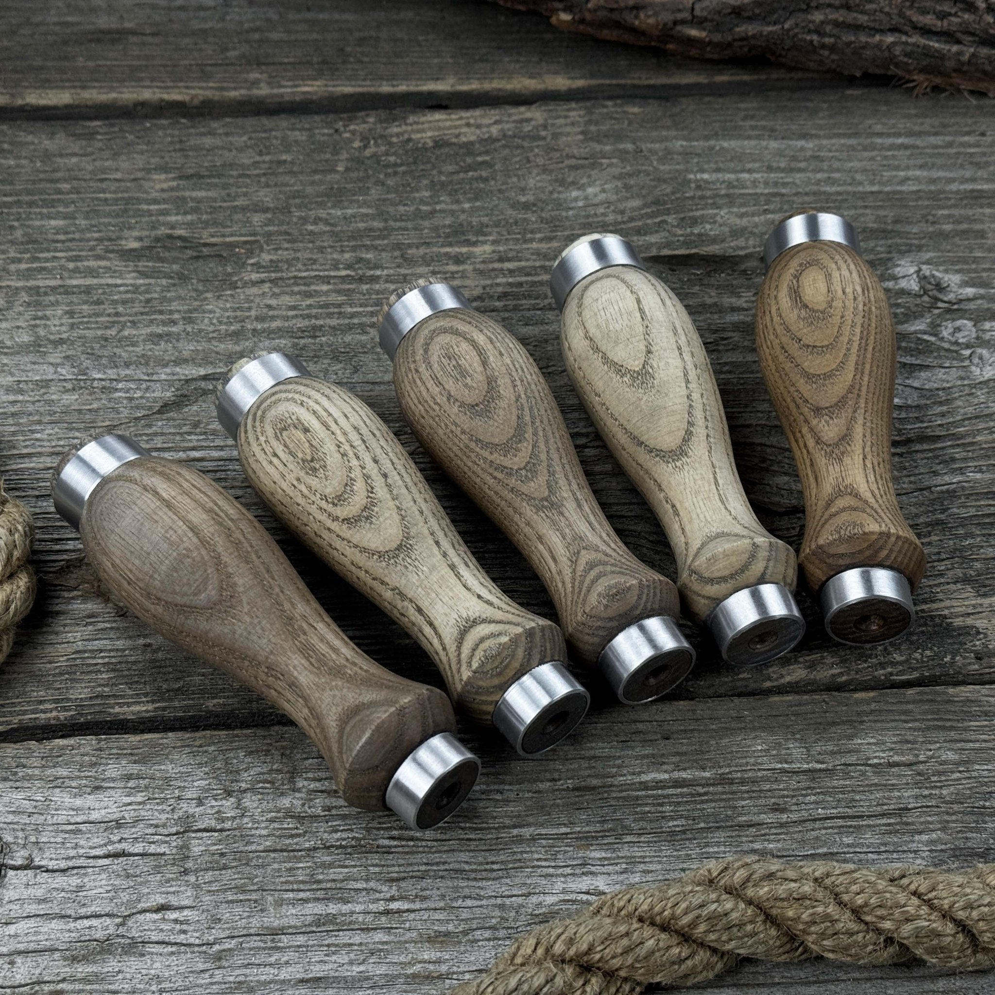 Set of 5 ash wood replacement handles with aluminum ring reinforcement for carving tools