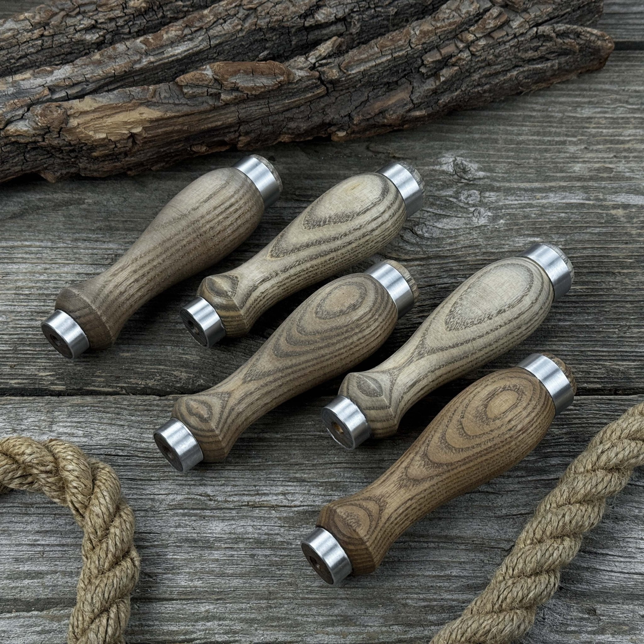 Set of 5 ash wood replacement handles with aluminum ring reinforcement for carving tools