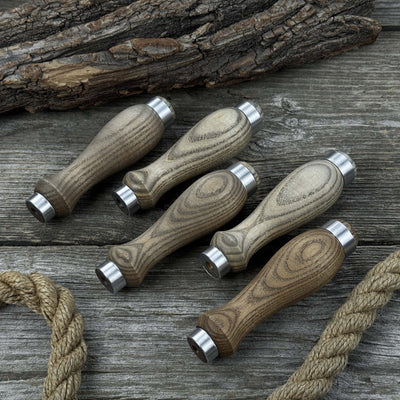 Set of 5 ash wood replacement handles with aluminum ring reinforcement for carving tools