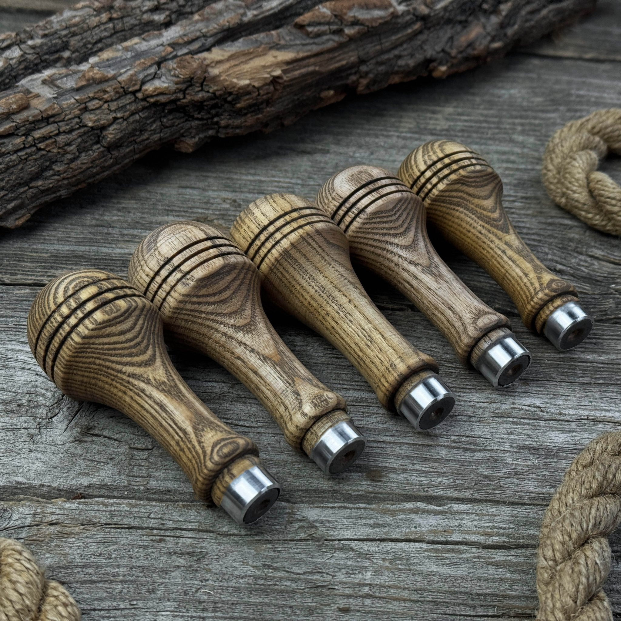 Set of 5 ash wood replacement handles with aluminum rings for woodworking tools