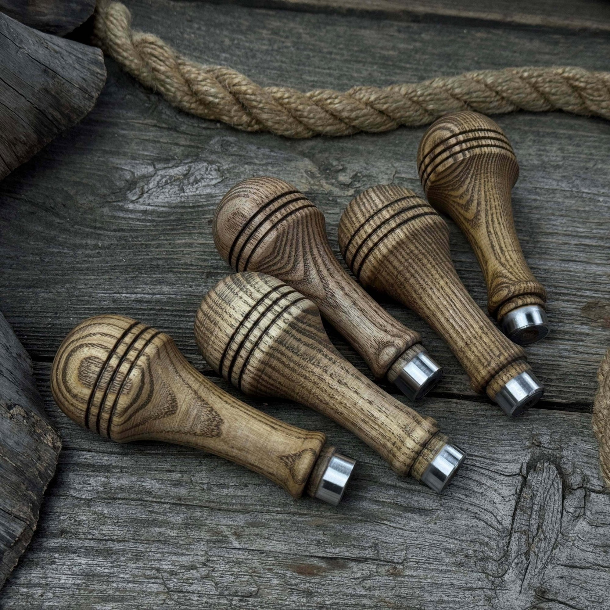 Set of 5 ash wood replacement handles with aluminum rings for woodworking tools