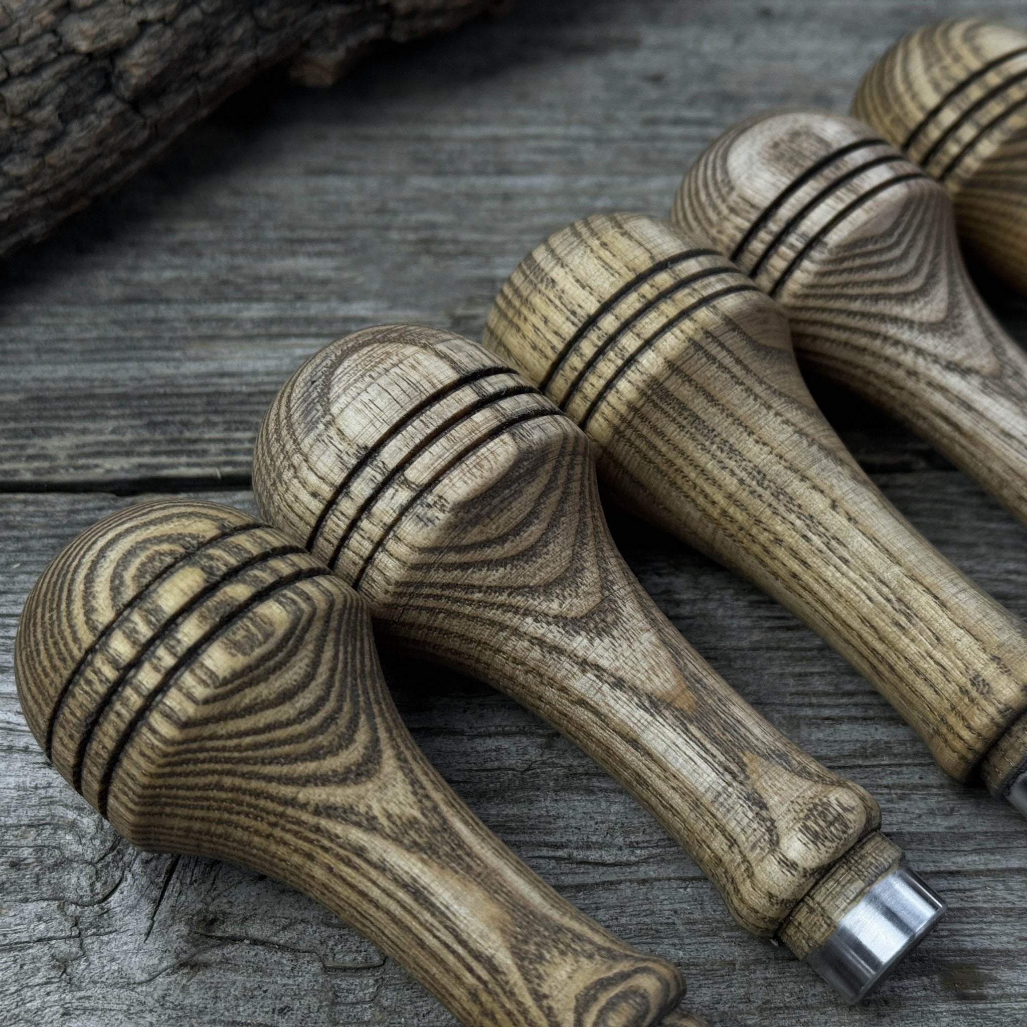 Set of 5 ash wood replacement handles with aluminum rings for woodworking tools