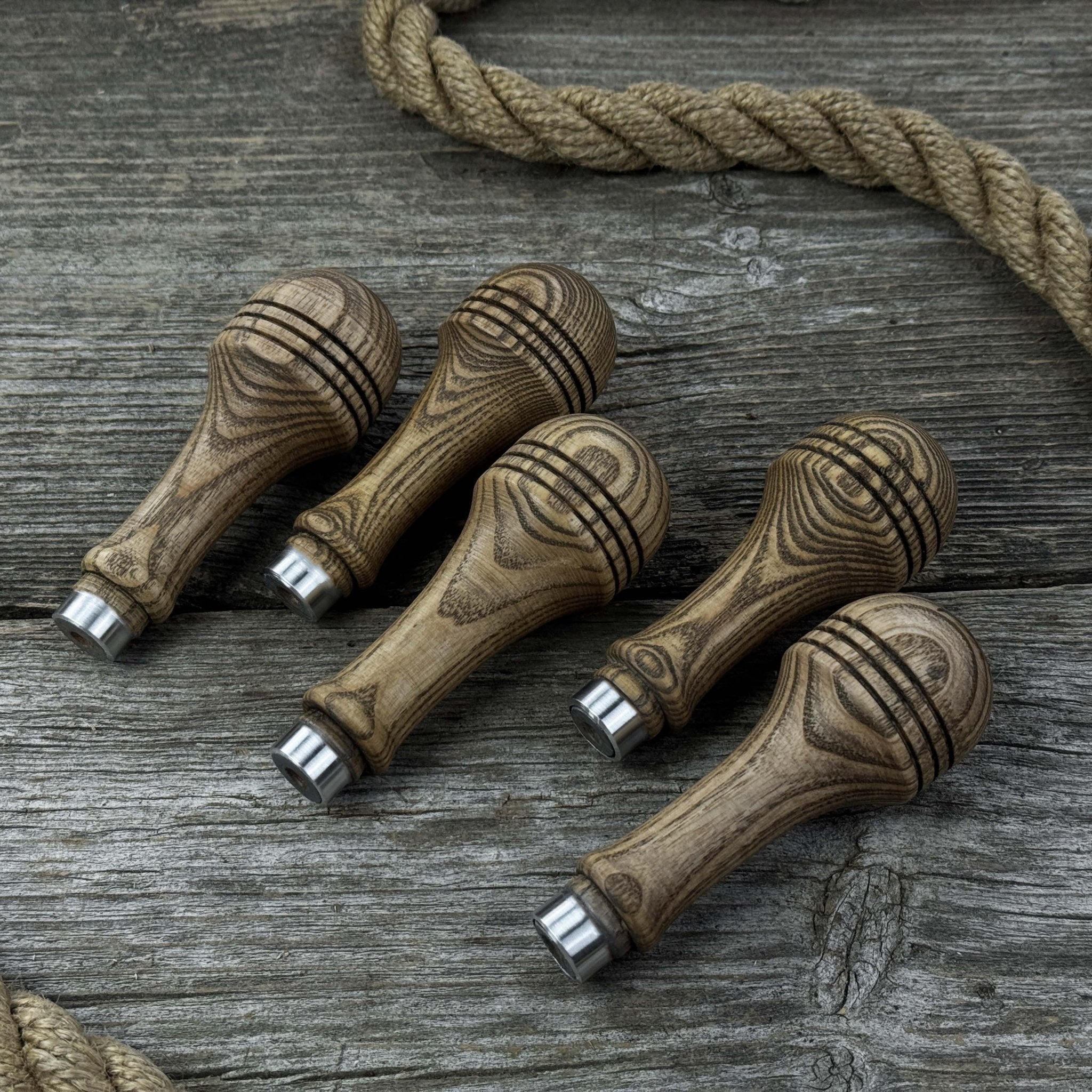 Set of 5 ash wood replacement handles with aluminum rings for woodworking tools