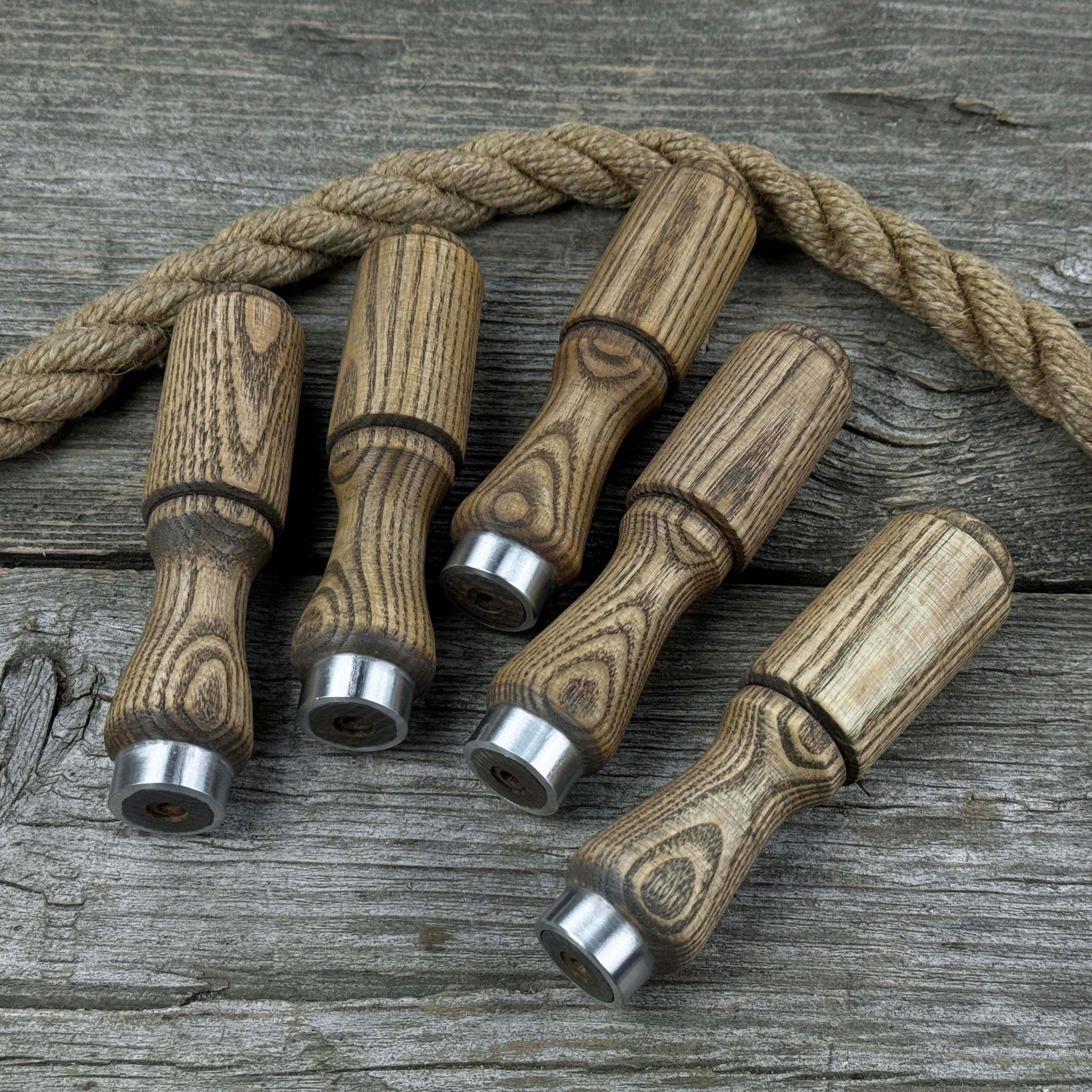 Set of 5 ash wood tool handles with aluminum rings for woodworking tools