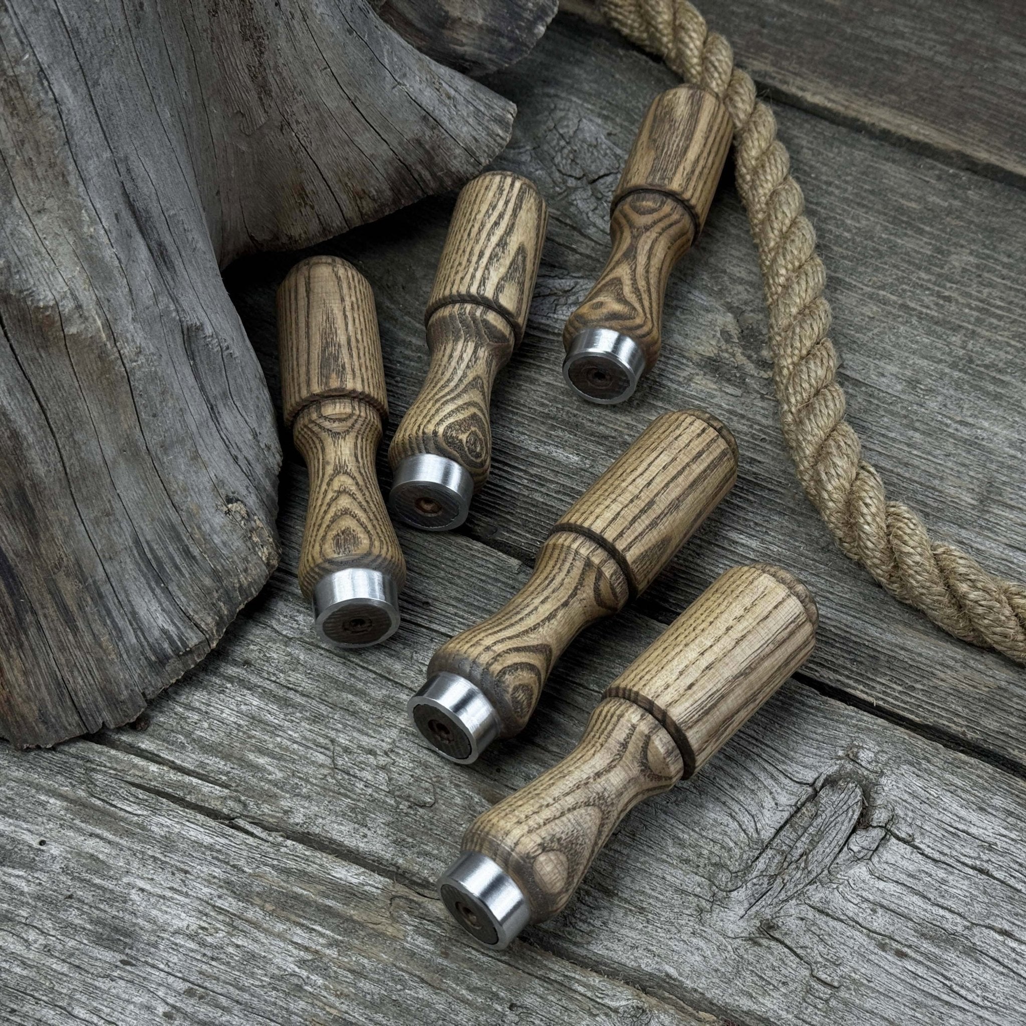 Set of 5 ash wood tool handles with aluminum rings for woodworking tools