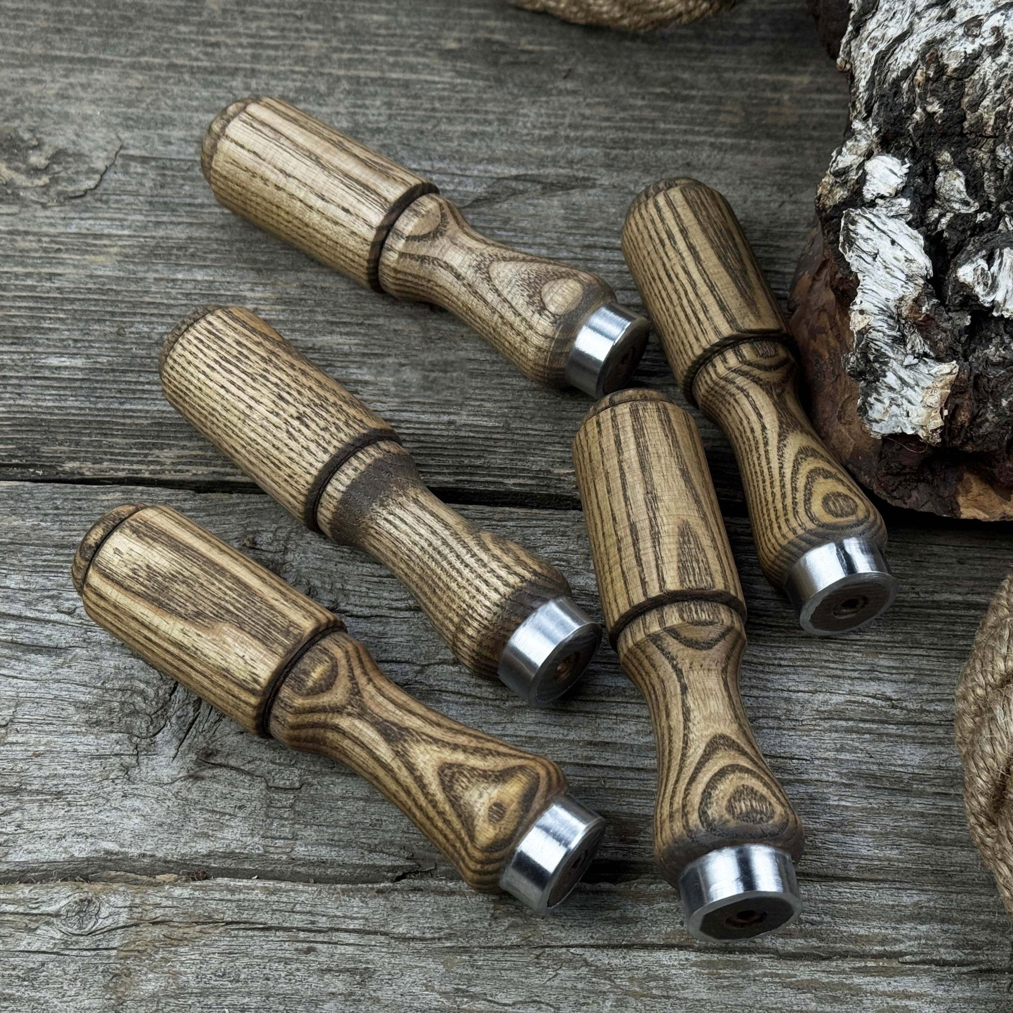 Set of 5 ash wood tool handles with aluminum rings for woodworking tools