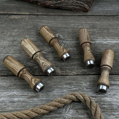 Set of 5 ash wood tool handles with aluminum rings for woodworking tools